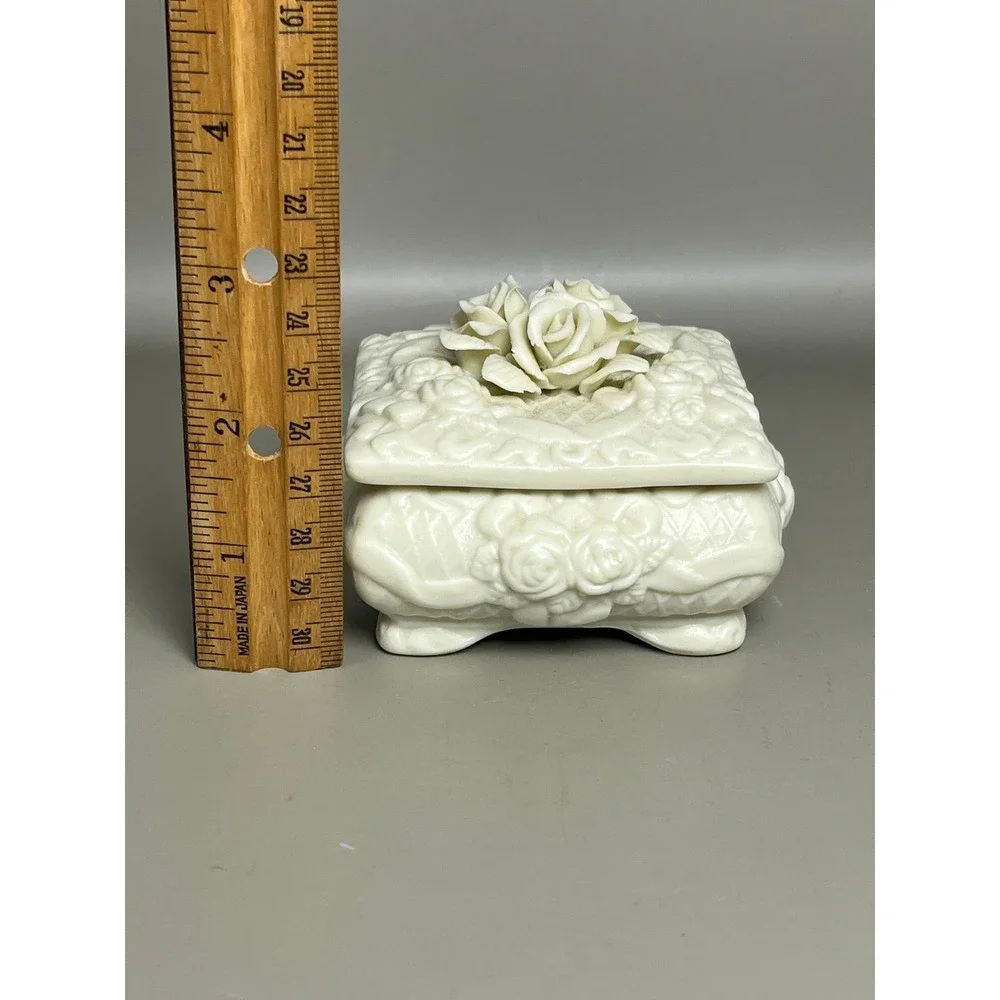 White Porcelain Bisque Jewelry Trinket Dish Roses Victorian 3